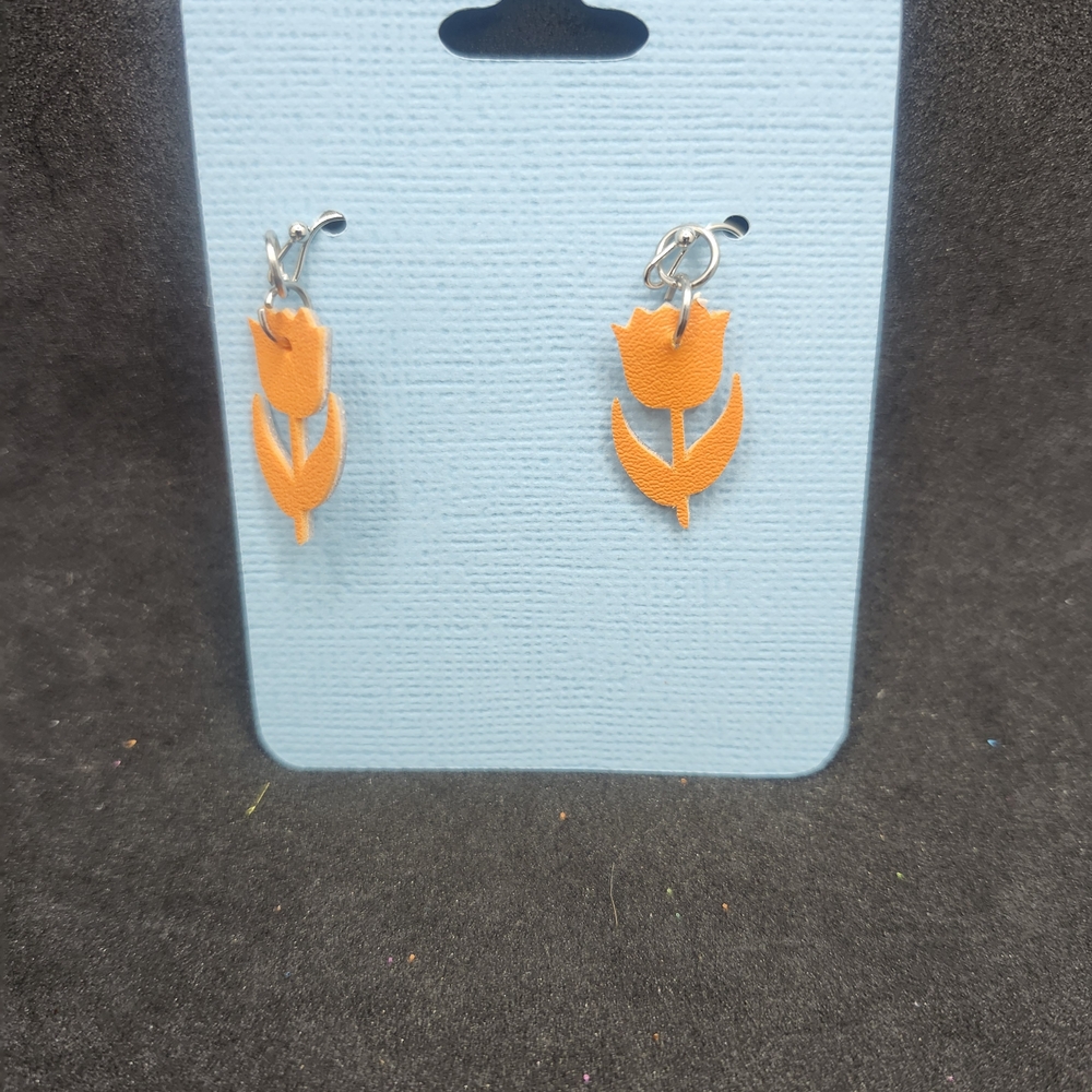 Hand Crafted Faux Leather Dangle Orange Tulip Earrings - Picture 4 of 4
